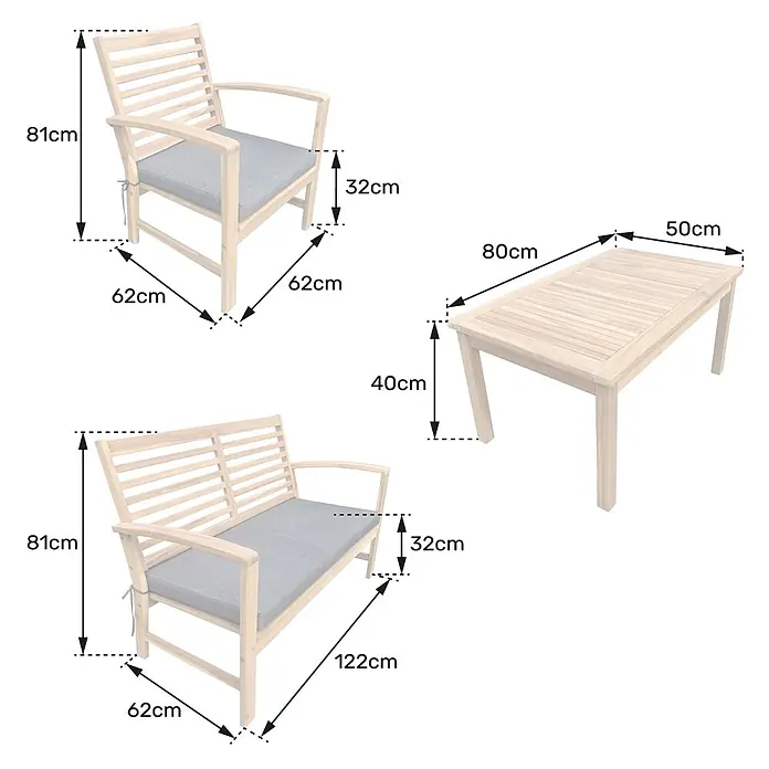 Happy Garden Loungemöbel-Set GOA - 4 -tlg., Akazie, Grau - Gartenmöbelset aus Holz mit Stuhl, 2-Sitzer-Bank, rechteckigem Tisch, grauen Kissen und detaillierten Maßen.