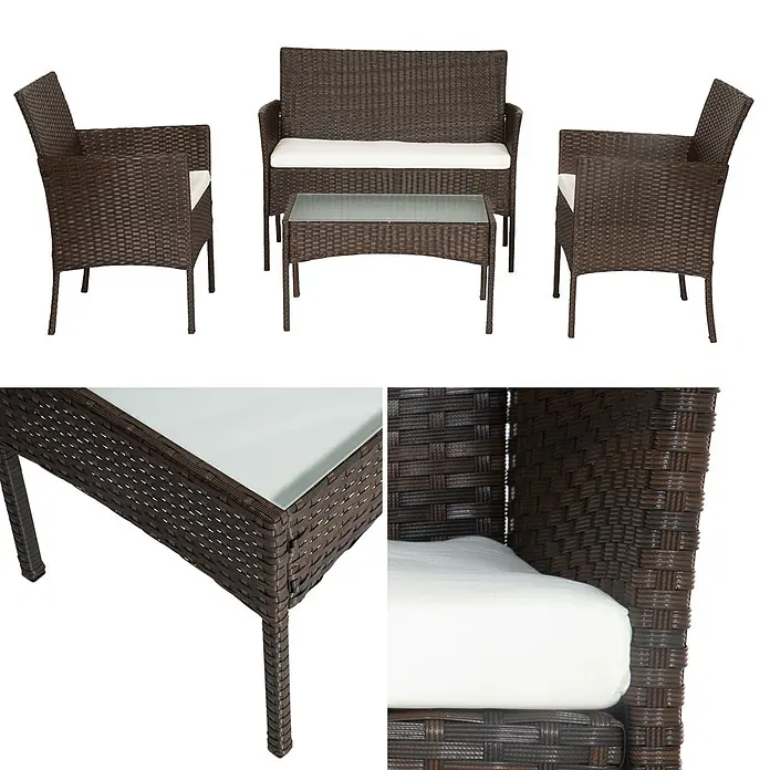 Happy Garden Loungemöbel-Set CORDOUE - 4 -tlg., Stahl, Braun - Dunkelbraunes Rattan 4-teiliges Terrassenset mit zwei Sesseln, einem Sofa, weißen Kissen und einem Couchtisch mit Glasplatte.