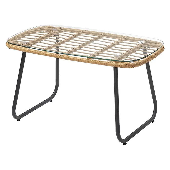 Happy Garden Loungemöbel-Set TIGA - 1 -tlg., Stahl, Grau - Rechteckiger Couchtisch mit klarer Glasplatte, Rattanrahmen und schwarzen Metallbeinen.
