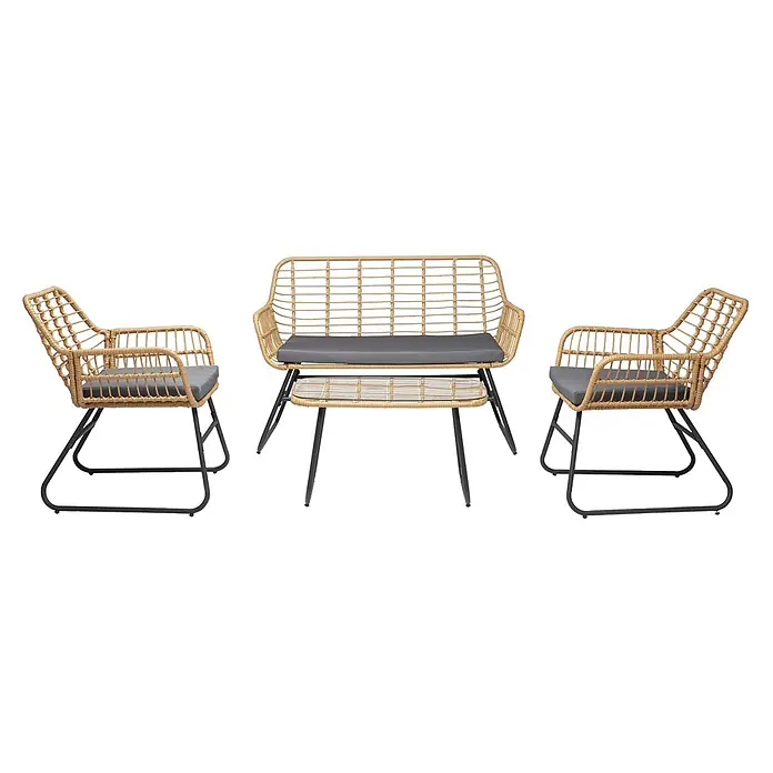 Happy Garden Loungemöbel-Set TIGA - 1 -tlg., Stahl, Grau - Beiges Outdoor-Lounge-Set im Rattan-Look: zwei Stühle und ein Zweisitzer mit integriertem Tisch und grauen Kissen.