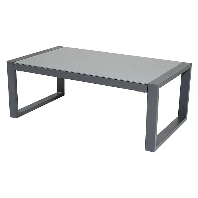 Happy Garden Loungemöbel-Set IBIZA - 4 -tlg., Aluminium, Grau - Rechteckiger Couchtisch mit grauem Metallgestell und grauer Glasplatte.