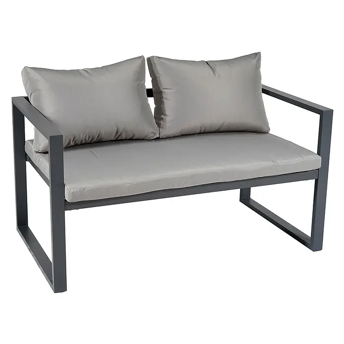Happy Garden Loungemöbel-Set IBIZA - 4 -tlg., Aluminium, Grau - Zweisitzer Gartensofa mit dunkelgrauem Metallgestell und hellgrauen Sitz- und Rückenkissen.