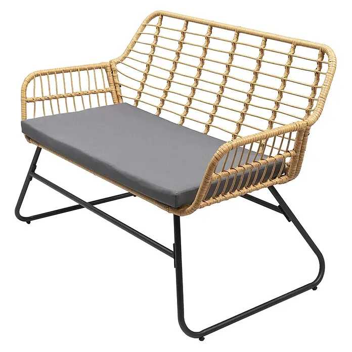Happy Garden Loungemöbel-Set TIGA - 1 -tlg., Stahl, Grau - Zweisitzer-Bank im Naturrattan-Stil mit grauem Kissen und schwarzem Metallgestell.