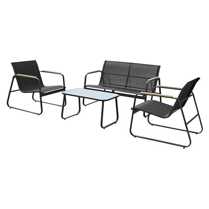Happy Garden Loungemöbel-Set TENERIFE - 4 -tlg., Stahl, Schwarz - Outdoor-Möbelset: Zwei schwarze Netz-Sessel, ein passendes Sofa und ein Kaffeetisch mit hellblauer Platte, alle mit schwarzem Metallrahmen und Holzarmlehnen.