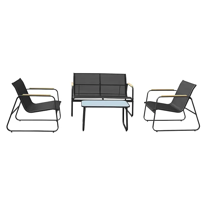 Happy Garden Loungemöbel-Set TENERIFE - 4 -tlg., Stahl, Schwarz - Gartenmöbel-Set: 2 Stühle, 1 Zweisitzer-Sofa, 1 Tisch. Schwarze Metallgestelle, dunkelgraue Netzsitze, helle Holzarmlehnen, hellblaue Tischplatte.