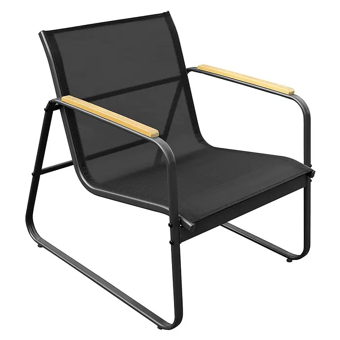 Happy Garden Loungemöbel-Set TENERIFE - 4 -tlg., Stahl, Schwarz - Schwarzer Outdoor-Stuhl aus Netzgewebe mit Metallrahmen und hellen Holzarmlehnen, perfekt für den Außenbereich.