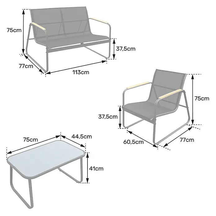 Happy Garden Loungemöbel-Set TENERIFE - 4 -tlg., Stahl, Schwarz - Graues Gartenmöbel-Set aus Metall mit Zweisitzer-Sofa, Sessel und Couchtisch, alle mit grauem Netzstoff und hellen Holzarmlehnen.