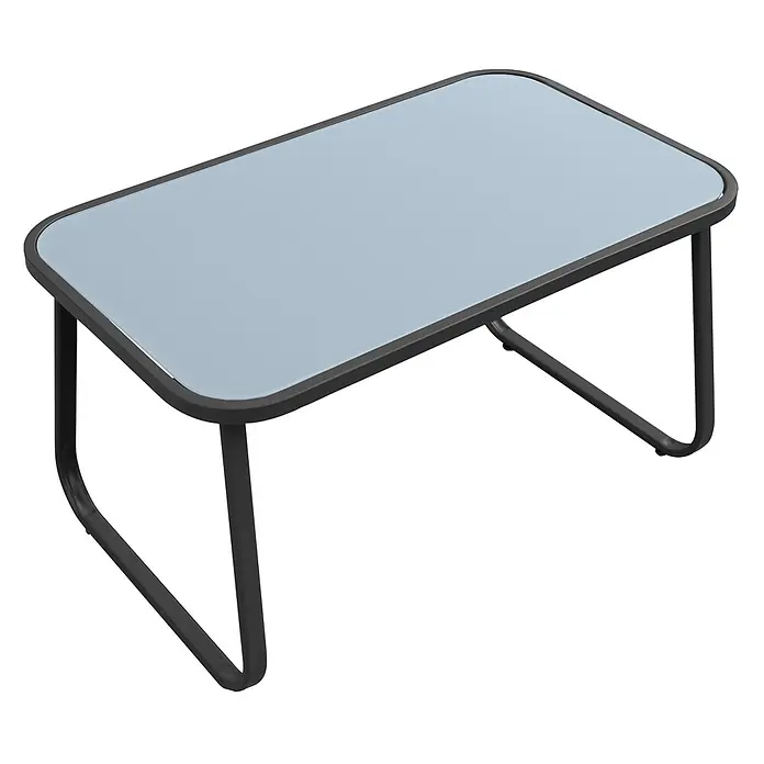 Happy Garden Loungemöbel-Set TENERIFE - 4 -tlg., Stahl, Schwarz - Rechteckiger Tisch mit hellblauer Sicherheitsglasplatte und dunkelgrauem Metallgestell.