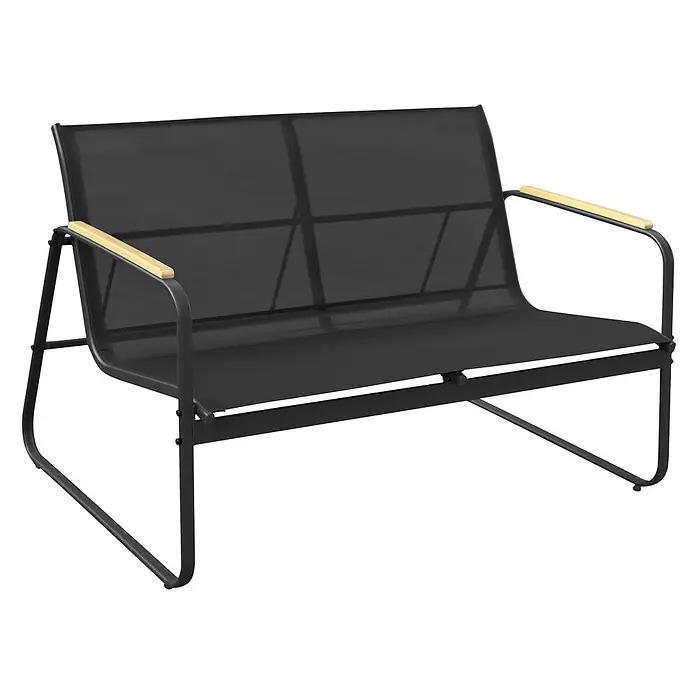 Happy Garden Loungemöbel-Set TENERIFE - 4 -tlg., Stahl, Schwarz - Schwarzes Gartensofa aus Metall mit Netzstoff-Sitzfläche und Rückenlehne, sowie hellen Holzarmlehnen.