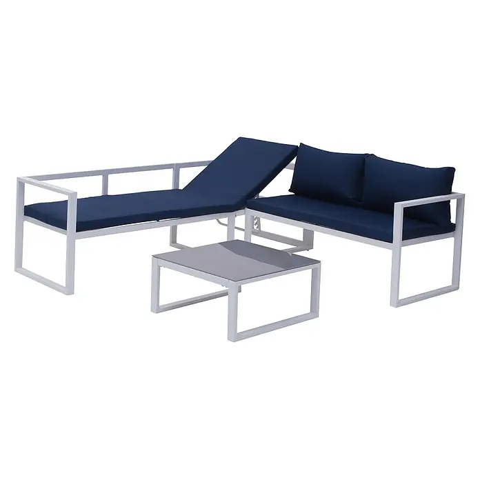 Happy Garden Loungemöbel-Set IBIZA - 6 -tlg., Aluminium, Blau - Weißes Metall-Outdoor-Loungeset mit marineblauen Kissen, bestehend aus einer Chaiselongue, einem Sofa und einem Couchtisch mit Glasplatte.