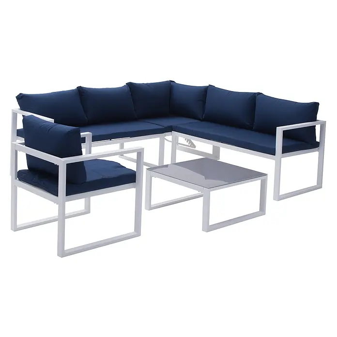 Happy Garden Loungemöbel-Set IBIZA - 6 -tlg., Aluminium, Blau - Weißes Outdoor-Lounge-Set aus Metall mit L-Sofa, Sessel und Couchtisch, navyfarbenen Kissen und Glastischplatte.