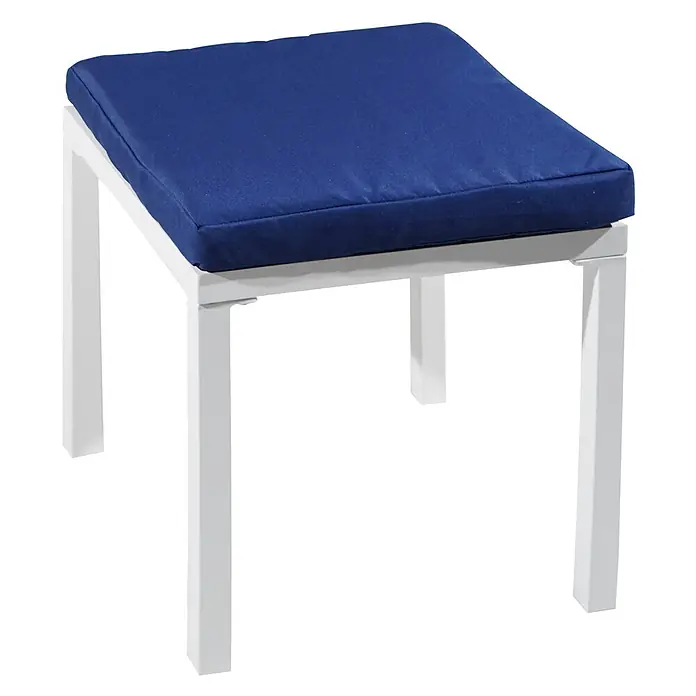Happy Garden Loungemöbel-Set IBIZA - 6 -tlg., Aluminium, Blau - Weißer Outdoor-Hocker aus Metall mit blauem Stoffkissen.