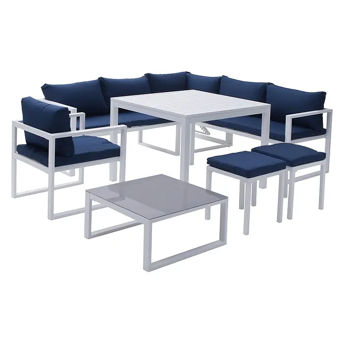 Happy Garden Loungemöbel-Set IBIZA - 6 -tlg., Aluminium, Blau - Weißes Aluminium-Gartenmöbelset mit blauen Kissen: Ecksofa, Esstisch, Couchtisch und zwei Hocker.