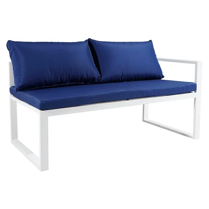 Happy Garden Loungemöbel-Set IBIZA - 6 -tlg., Aluminium, Blau - Zweisitzige Outdoor-Bank mit weißem Metallrahmen und dicken blauen Kissen.