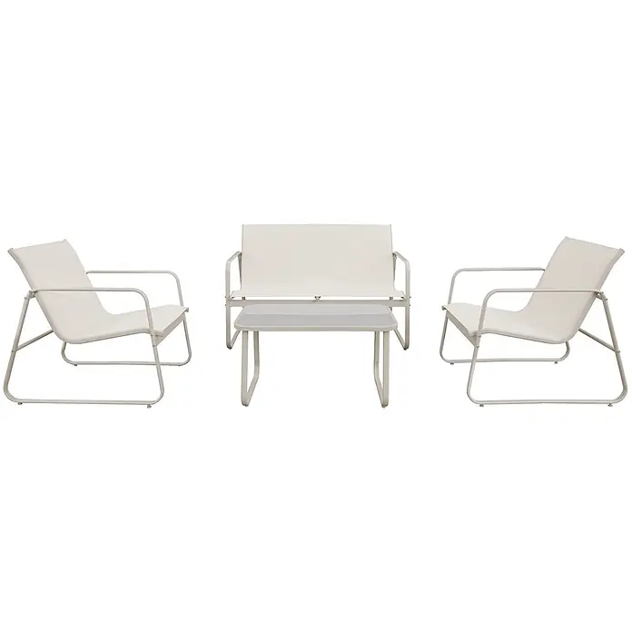 Happy Garden Loungemöbel-Set TENERIFE - 4 -tlg., Stahl, Beige - Helles Outdoor-Möbelset aus Metall: zwei Sessel, ein Zweisitzer und ein rechteckiger Couchtisch.