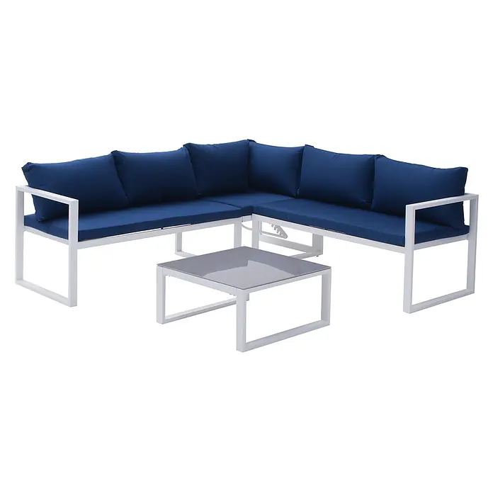 Happy Garden Loungemöbel-Set IBIZA - 1 -tlg., Aluminium, Blau - L-förmige Terrassencouch mit weißem Metallgestell, blauen Kissen und passendem Couchtisch mit grauer Glasplatte.