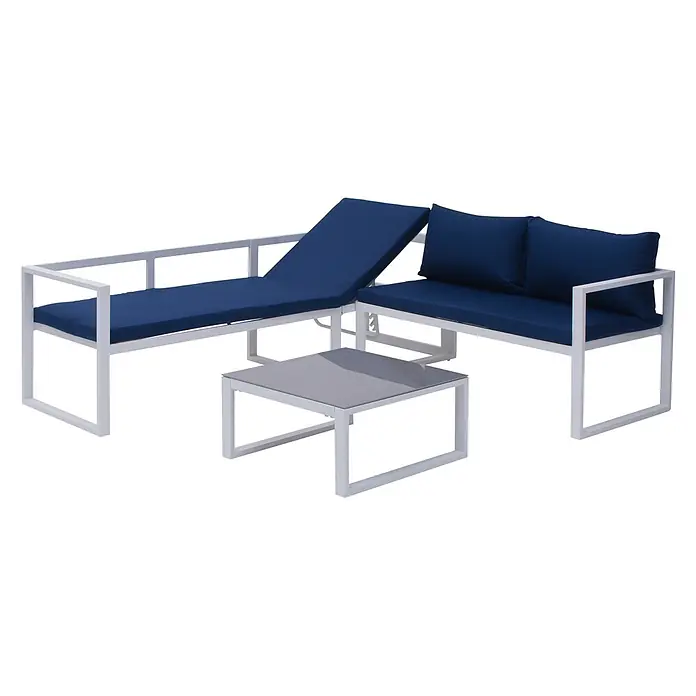 Happy Garden Loungemöbel-Set IBIZA - 1 -tlg., Aluminium, Blau - Weißes Outdoor-Möbelset mit marineblauen Kissen und grauem Couchtisch.