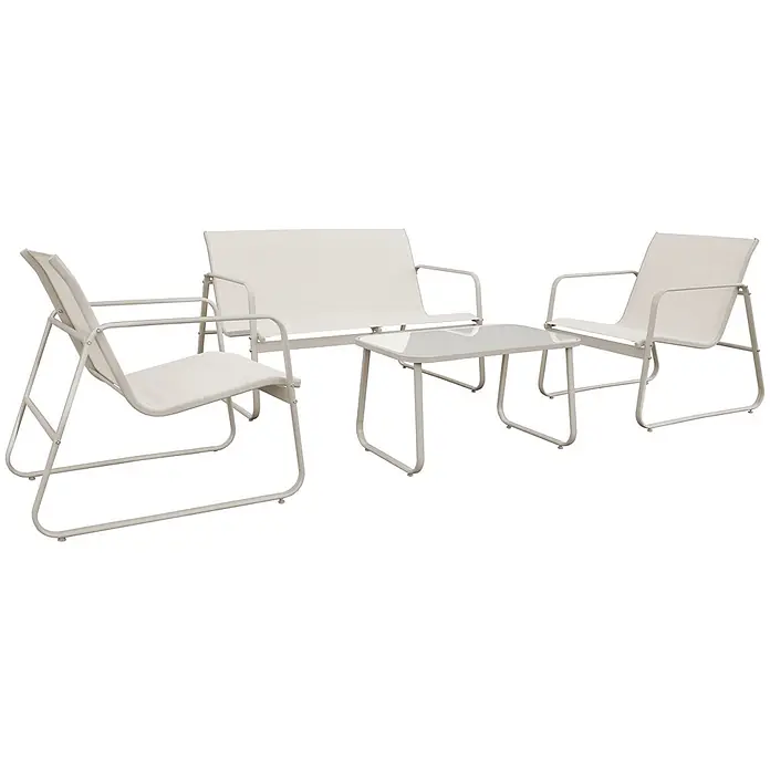 Happy Garden Loungemöbel-Set TENERIFE - 4 -tlg., Stahl, Beige - Cremeweiße Outdoor-Lounge-Sitzgruppe: zwei Sessel, ein Zweisitzer-Sofa und ein Couchtisch mit Metallrahmen.