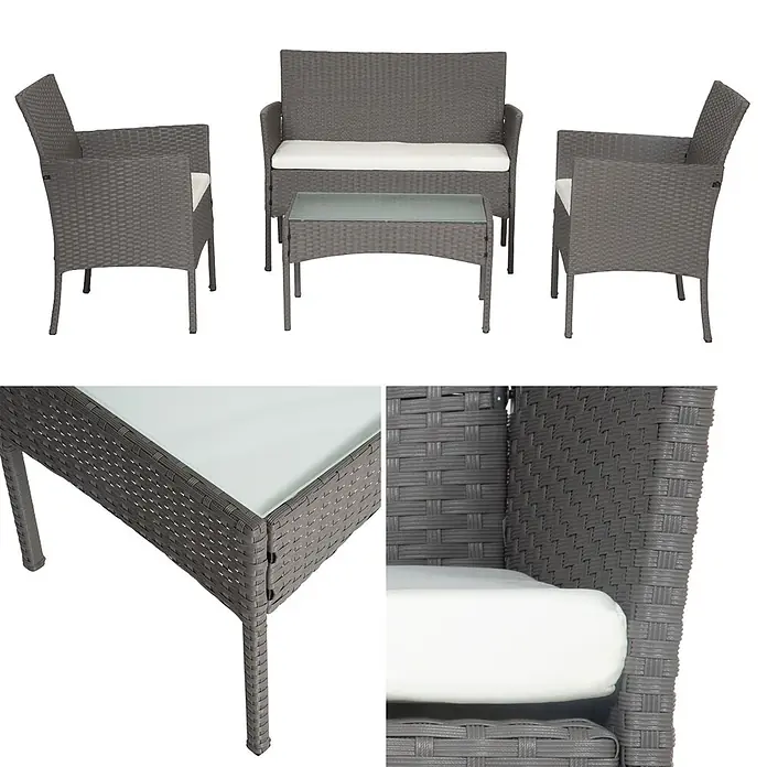 Happy Garden Loungemöbel-Set CORDOUE - 4 -tlg., Stahl, Grau - Graues Rattan-Gartenmöbel-Set: 2 Sessel, 1 Sofa mit weißen Kissen, und ein Couchtisch mit Glasplatte.