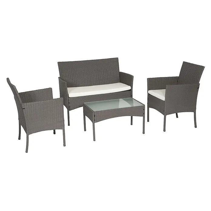 Happy Garden Loungemöbel-Set CORDOUE - 4 -tlg., Stahl, Grau - Dunkelgraue Rattan-Gartenmöbel mit weißen Kissen: Zweisitzer-Sofa, zwei Sessel und Couchtisch mit Glasplatte.