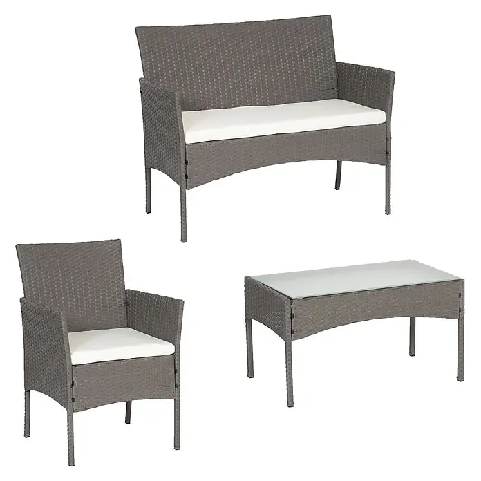 Happy Garden Loungemöbel-Set CORDOUE - 4 -tlg., Stahl, Grau - Graues Rattan-Gartenmöbelset: Zweisitzer-Sofa, Sessel mit weißen Kissen und Couchtisch mit Glasplatte.