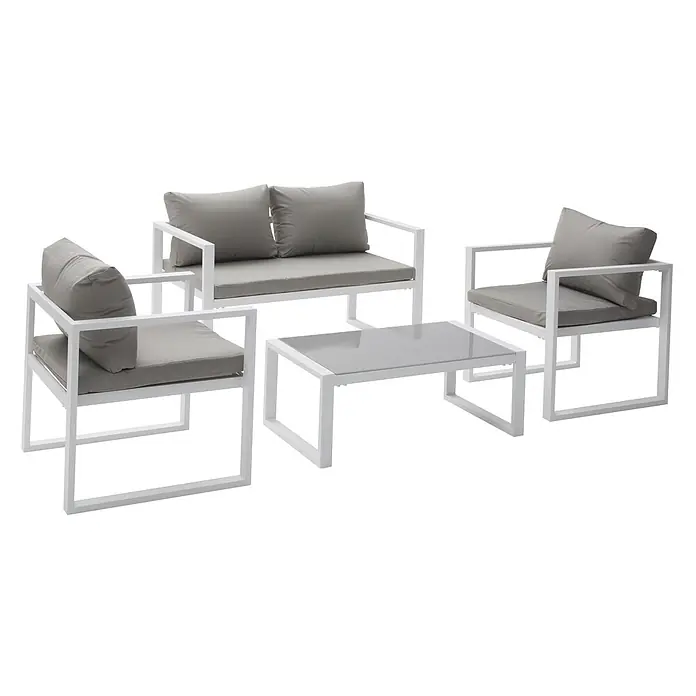 Happy Garden Loungemöbel-Set IBIZA - 4 -tlg., Aluminium, Grau - Modernes Outdoor-Lounge-Set mit weißen Metallrahmen, grauen Kissen und einem Couchtisch mit grauer Glasplatte.
