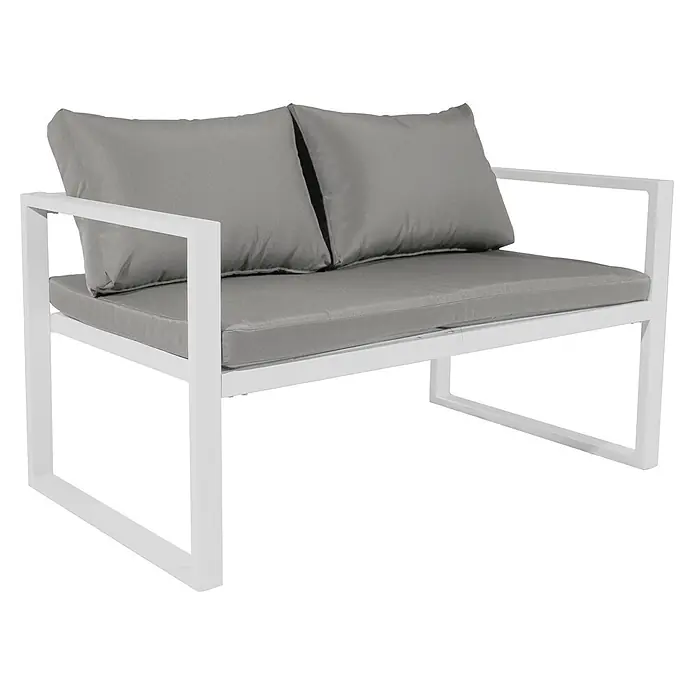 Happy Garden Loungemöbel-Set IBIZA - 4 -tlg., Aluminium, Grau - Weißes Metall-Gartensofa für zwei Personen mit grauen Kissen.