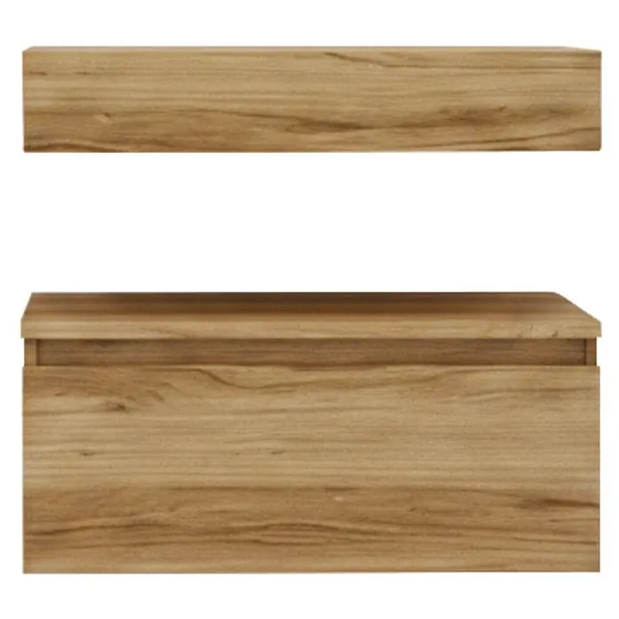 Conjunto de mueble de baño Aidan - Ancho: 60 cm, Teka, 3 pzs. - Dos muebles flotantes de madera marrón claro: una estantería de pared y una cajonera con vetas de madera visibles.