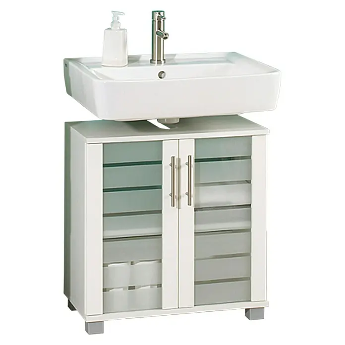 Schildmeyer Niko Waschtischunterschrank - B x T x H: 62,5 x 32,5 x 65 cm, Perlweiß - Badezimmermöbel mit Waschbecken und Unterschrank mit Glastüren, ideal für moderne Badezimmerdesigns.\n