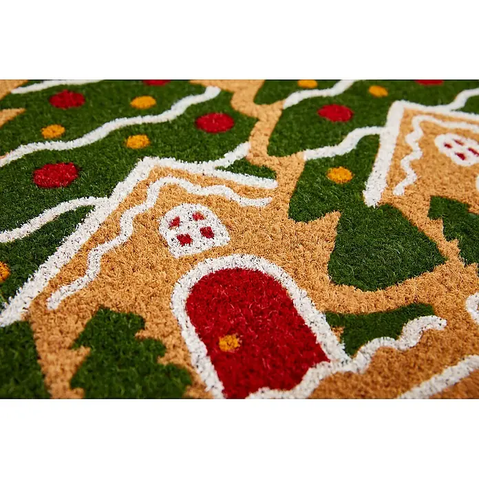 Fußmatte Niko - 75 x 45 cm, Grün, Material Nutzschicht: 100 % Kokos, Wonderland - Eine texturierte Kokosfasermatte mit festlichem Lebkuchenhaus-Design. In Grün, Braun, Weiß, Rot und Gelb.