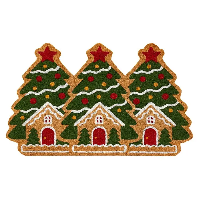 Fußmatte Niko - 75 x 45 cm, Grün, Material Nutzschicht: 100 % Kokos, Wonderland - Weihnachtliche Kokos-Fußmatte mit drei Lebkuchenhäusern mit verschneiten Dächern und geschmückten Weihnachtsbäumen.