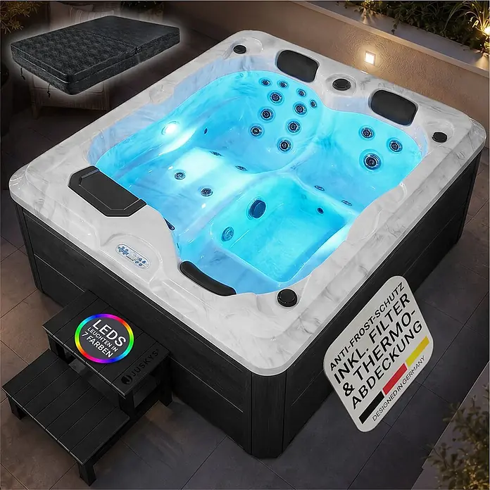 Artsauna Außen-Whirlpool Oasis - 160 x 210 x 80 cm, Anthrazit - Beleuchteter Whirlpool mit blauem Wasser, marmoriertem Innenraum, dunkler Verkleidung, passender Abdeckung und Stufe.