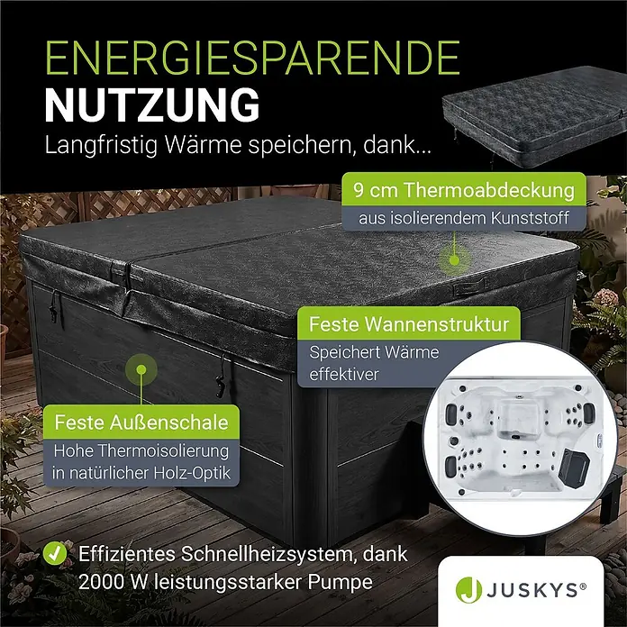 Artsauna Außen-Whirlpool Oasis - 160 x 210 x 80 cm, Anthrazit - Dunkelgrauer Whirlpool mit isolierter Abdeckung und Holzoptik, der energiesparende Funktionen wie Isolierung und Schnellheizung hervorhebt.
