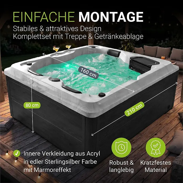 Artsauna Außen-Whirlpool Oasis - 160 x 210 x 80 cm, Anthrazit - Outdoor-Whirlpool, 210x160x80 cm, mit sterlingsilbernem Acryl-Interieur in Marmoroptik und dunkler Verkleidung.