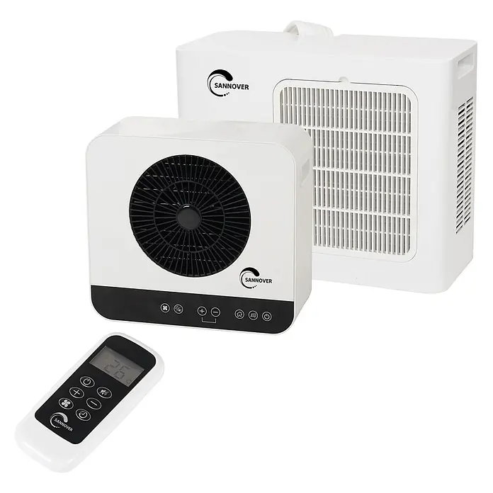 Sannover Mobiles Klimagerät Kedros Sannover 1,9 kW / 6700 BTU - 1,9 kW, Raumgröße: 18 m², weiß - Weiße portable SANNOVER Klimaanlagen/Heizgeräte und Fernbedienung mit Digitalanzeige.