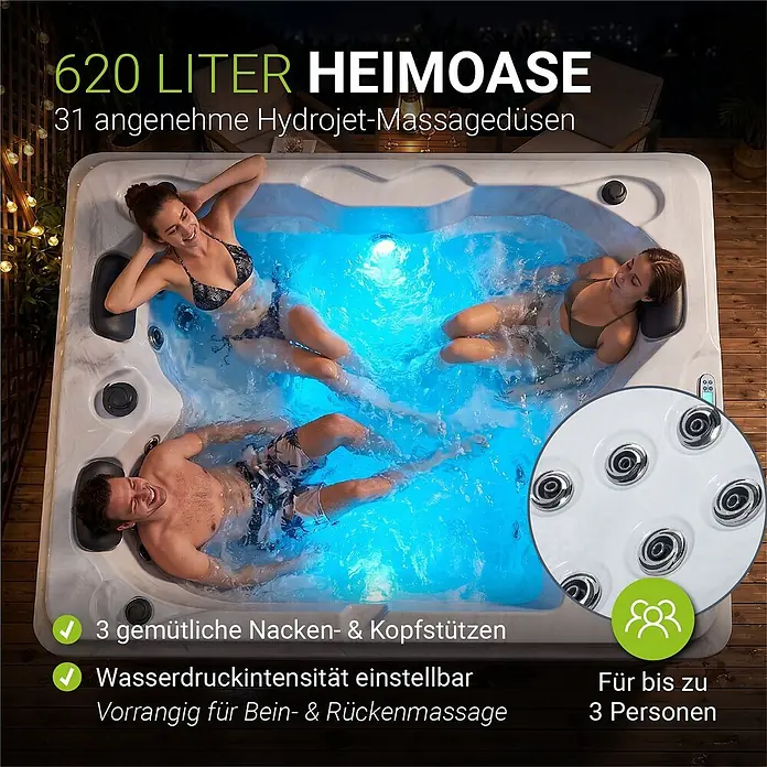 Artsauna Außen-Whirlpool Oasis - 160 x 210 x 80 cm, Grau - Weißer Whirlpool mit blau leuchtendem Wasser, von drei Personen bei Nacht genutzt.