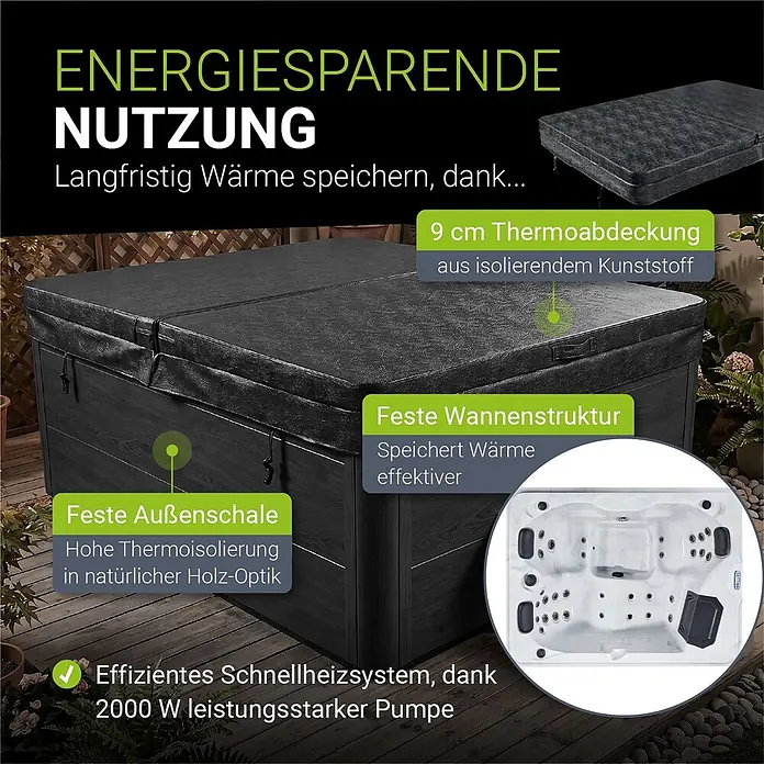 Artsauna Außen-Whirlpool Oasis - 160 x 210 x 80 cm, Grau - Dunkelgrauer Whirlpool mit isolierender Abdeckung, fester Außenverkleidung in Holzoptik und effizientem Heizsystem für energiesparenden Betrieb.