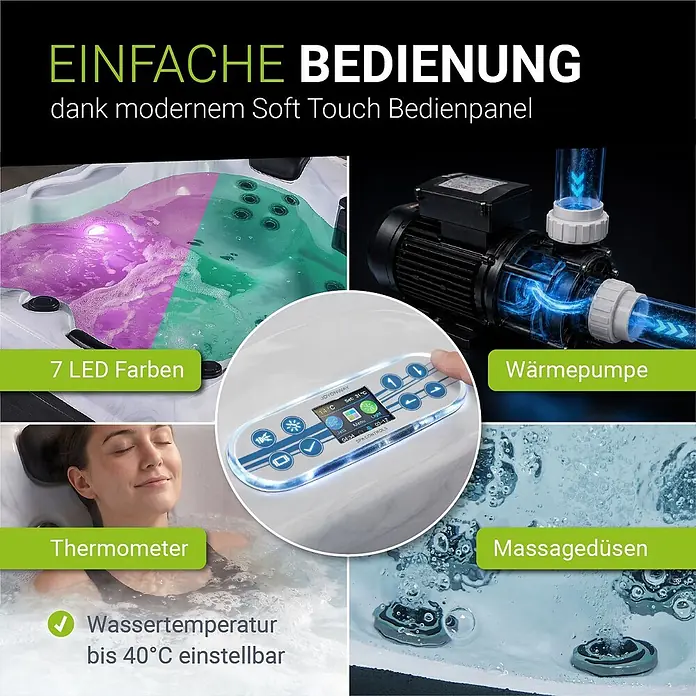 Artsauna Außen-Whirlpool Oasis - 160 x 210 x 80 cm, Grau - Ein moderner Whirlpool mit Soft-Touch-Bedienfeld, 7 LED-Farben, Massagedüsen, einer Wärmepumpe und einstellbarer Wassertemperatur bis 40°C.