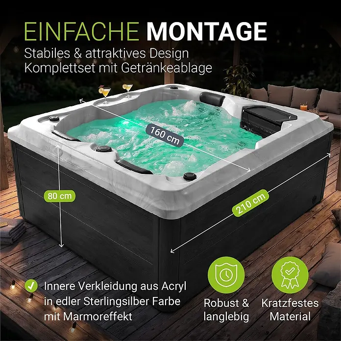 Artsauna Außen-Whirlpool Oasis - 160 x 210 x 80 cm, Grau - Ein dunkelgrauer Whirlpool mit hellem Acryl-Interieur und Getränkehaltern, auf einer Holzterrasse. Maße: 210x160x80 cm.