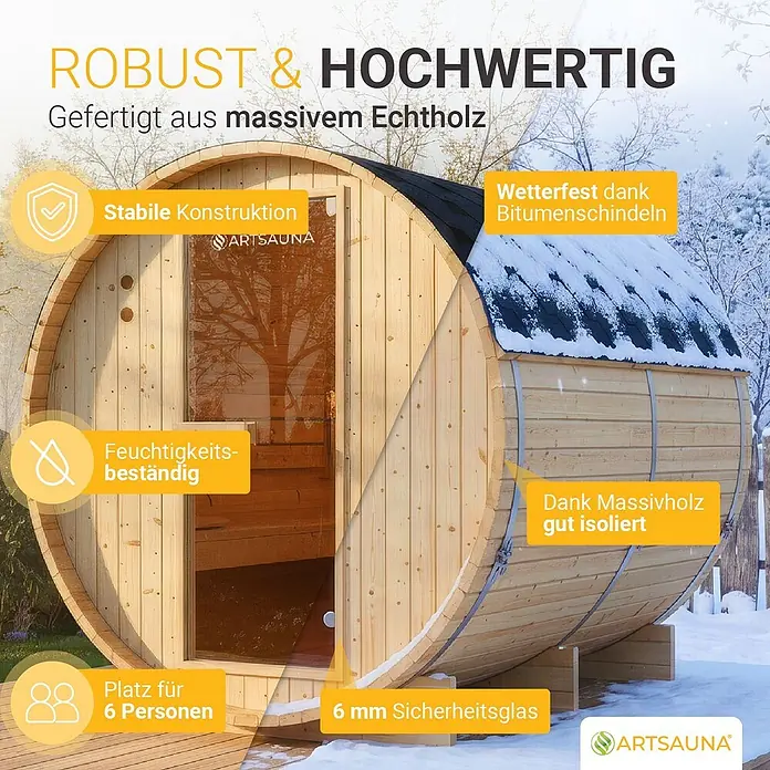 Artsauna Fasssauna Spitzbergen - Holz, L x B x H: 220 x 191 x 193 cm - Robuste Holz-Fasssauna mit Sicherheitstür aus Glas, gut isoliert, im verschneiten Außenbereich.