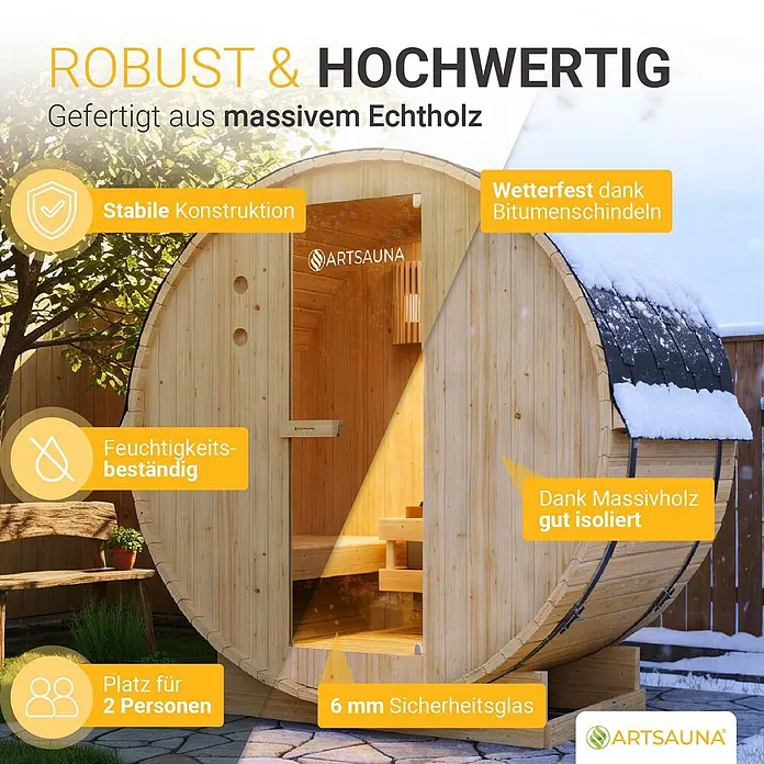 Artsauna Fasssauna Spitzbergen - Holz, L x B x H: 120 x 191 x 193 cm - Robuste Fasssauna aus massivem Echtholz mit 6 mm Sicherheitsglas, wetterfest, isoliert und für 2 Personen.