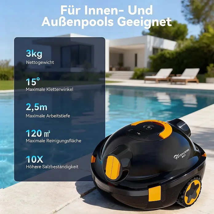 EVERCROSS BOT Poolroboter - Akkubetrieben, Passend für: alle Pooltypen, Filterleistung: 7.200 l/h - Ein schwarz-gelber Roboter-Poolreiniger steht am Rand eines Außenpools, einsatzbereit.