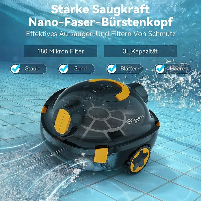EVERCROSS BOT Poolroboter - Akkubetrieben, Passend für: alle Pooltypen, Filterleistung: 7.200 l/h - Schwarz-gelber Roboter-Poolreiniger mit Rädern, reinigt Staub und Schmutz in einem blau gefliesten Schwimmbecken.