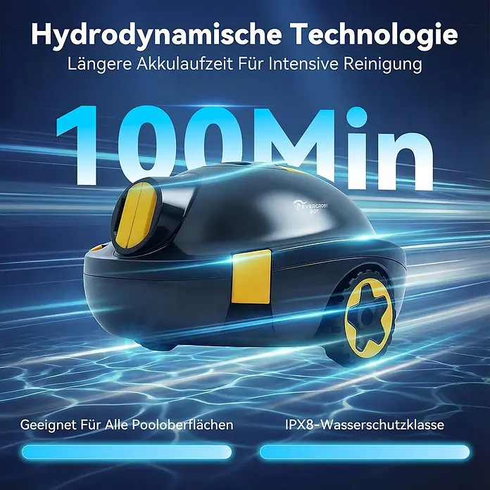EVERCROSS BOT Poolroboter - Akkubetrieben, Passend für: alle Pooltypen, Filterleistung: 7.200 l/h - Ein schwarzer Roboter-Poolreiniger mit gelben Akzenten, in Wasser getaucht. Er verfügt über robuste Räder und ein kompaktes Design.