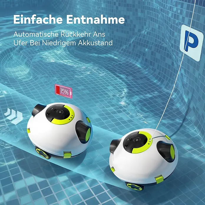 EVERCROSS BOT Poolroboter - Akkubetrieben, Passend für: Alle Pooltypen, Filterleistung: 7.200 l/h - Weiße und grüne Roboter-Poolreiniger im Pool, einer zeigt 15 % Akku, für automatische Rückkehr oder einfache Entnahme.