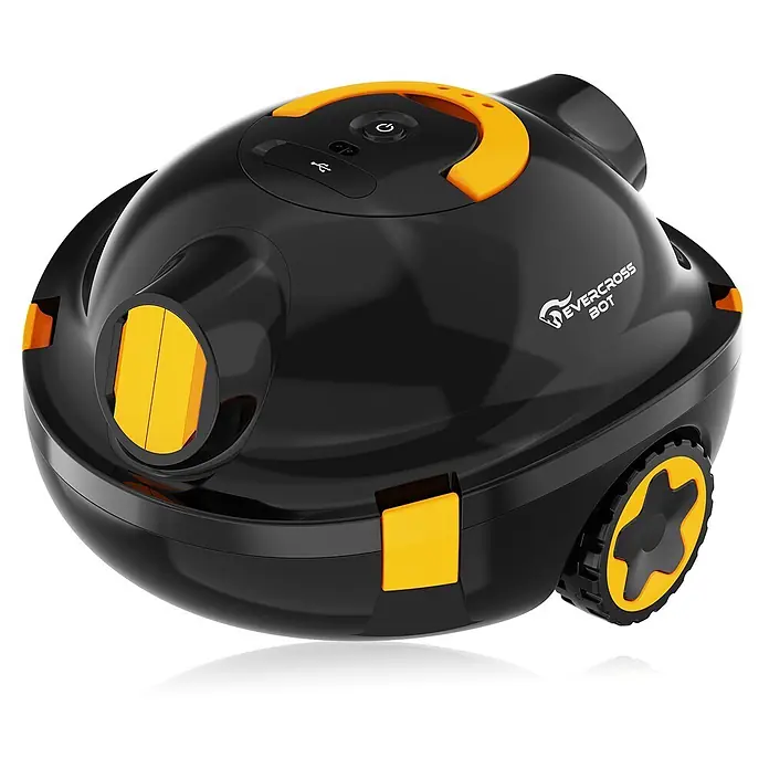 EVERCROSS BOT Poolroboter - Akkubetrieben, Passend für: alle Pooltypen, Filterleistung: 7.200 l/h - Glänzender schwarzer Evercross Bot Roboter mit gelben Akzenten, Rädern und oberen Bedienelementen.