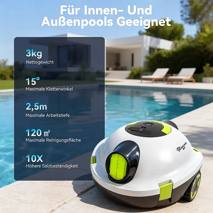 EVERCROSS BOT Poolroboter - Akkubetrieben, Passend für: Alle Pooltypen, Filterleistung: 7.200 l/h - Weißer und grüner Roboter-Poolreiniger mit Rädern, an einem Außenpool positioniert.