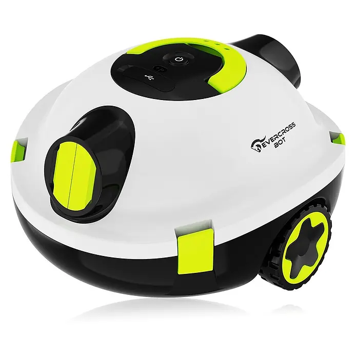 EVERCROSS BOT Poolroboter - Akkubetrieben, Passend für: Alle Pooltypen, Filterleistung: 7.200 l/h - Weiß-schwarzer Roboter mit abgerundetem Design und neongelben Akzenten an Rädern, Sensoren und Bedienelementen.