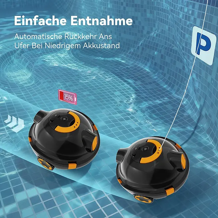 EVERCROSS BOT Poolroboter - Akkubetrieben, Passend für: alle Pooltypen, Filterleistung: 7.200 l/h - Zwei schwarze und orangefarbene Poolroboter in einem blauen Fliesenbecken, einer mit 15% Akkuanzeige und Abholleine.