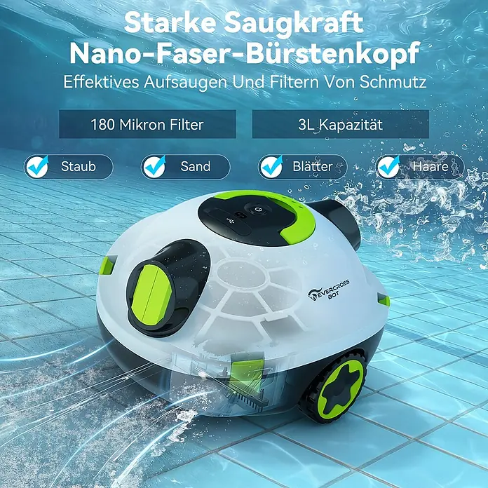 EVERCROSS BOT Poolroboter - Akkubetrieben, Passend für: Alle Pooltypen, Filterleistung: 7.200 l/h - Weiß-schwarzer Roboter-Poolreiniger mit grünen Akzenten, der Staub und Schmutz vom Poolboden aufsaugt.